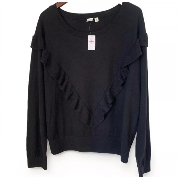 Womens Gap Merino Wool Blend Black Pullover Long Sleeve Sweater XL Tall Ruffles - Picture 1 of 6